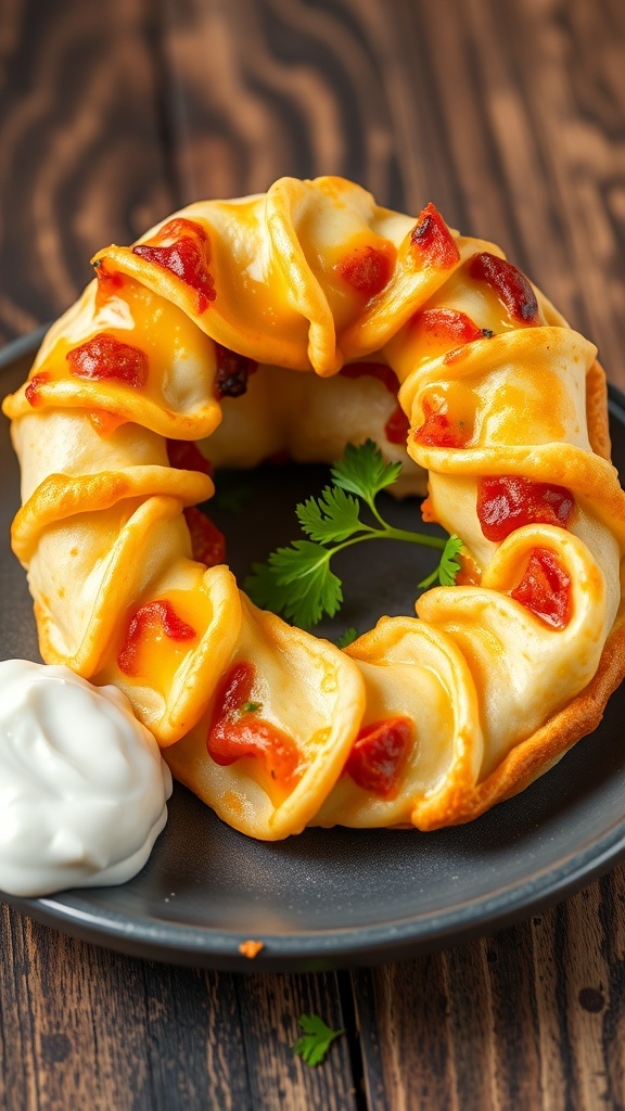 A cheesy quesadilla ring filled with cheese and vegetables, served with sour cream and salsa on a wooden table.